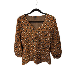Ann Taylor Factory Leopard Print Long Sleeve Top Size M Brown V-Neck